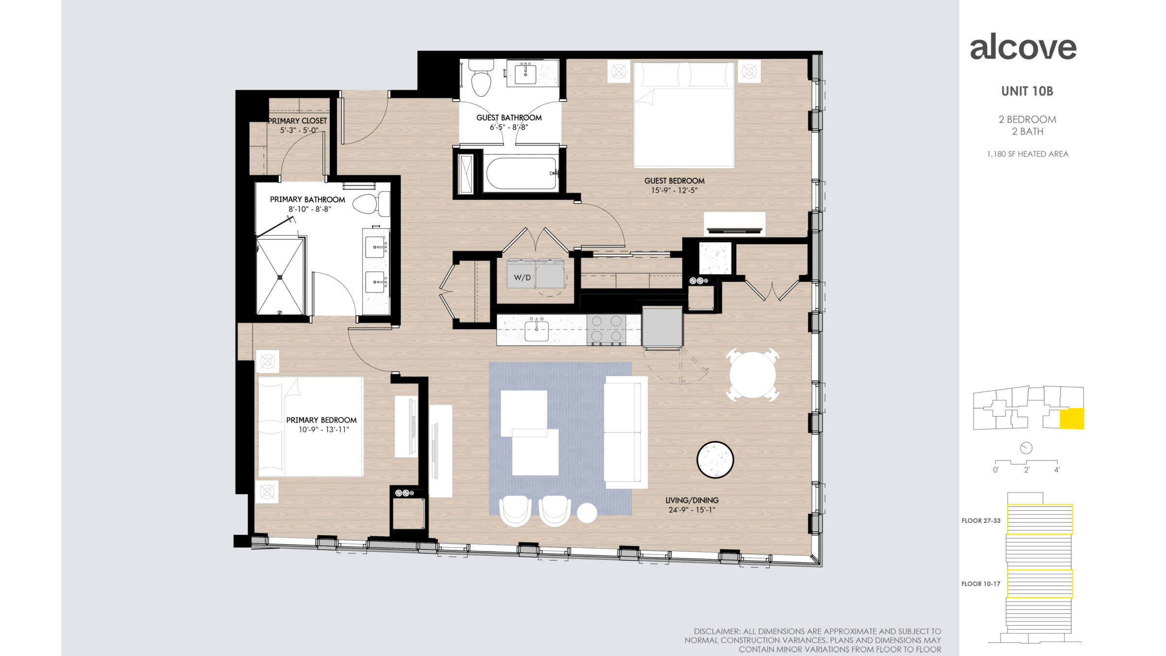 UNIT 10B 2 BEDROOM 2 BATH 1180 SF HEATED AREA Floor 27-33 Floor 10-17 Disclaimer: all dimensions are approximate and subject to normal construction variances. Plans and dimensions may contain minor variations from floor to floor.
