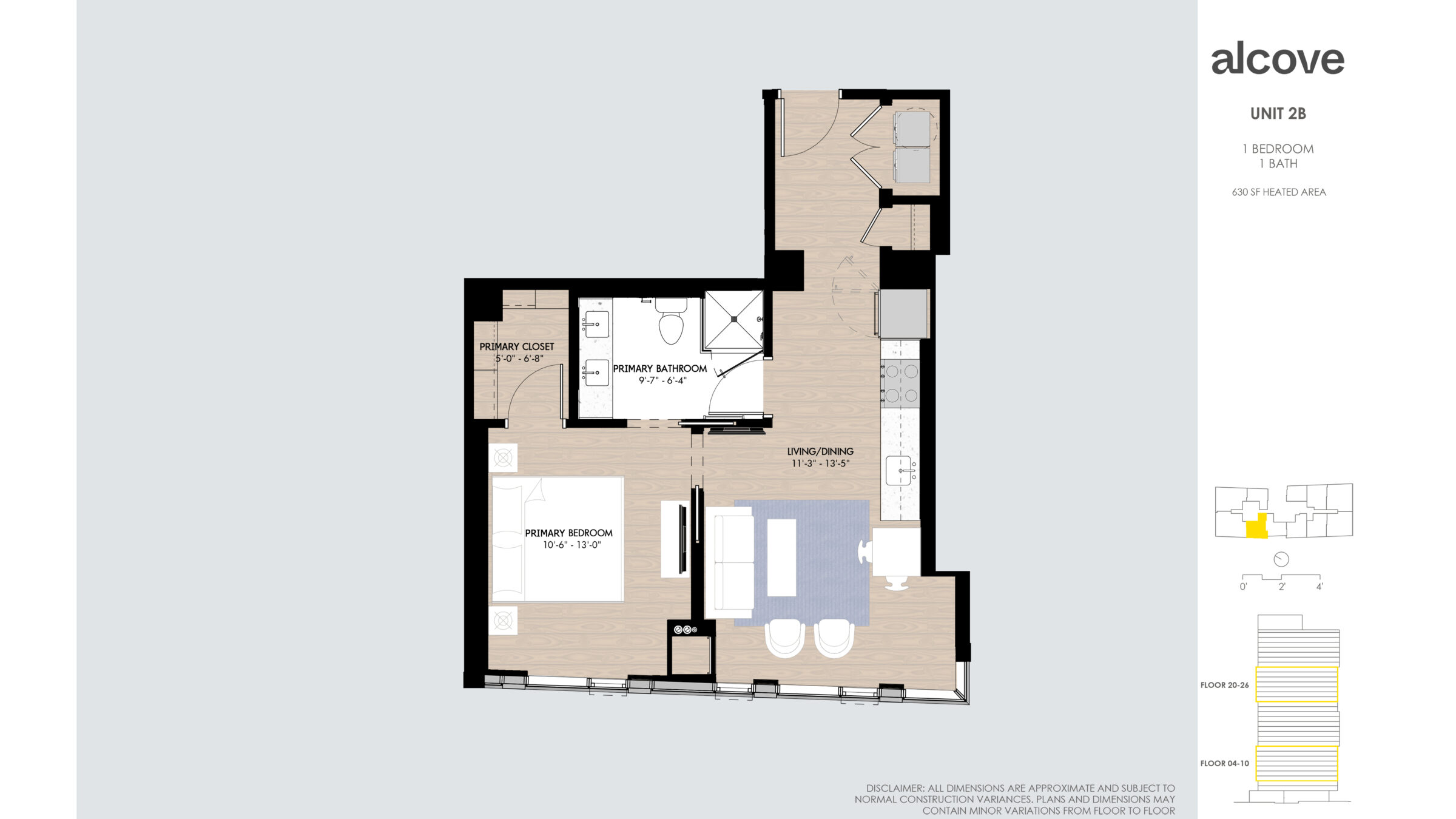 Image Reads: UNIT 2B 1 BEDROOM 1 BATH 630 SF HEATED AREA Disclaimer: all dimensions are approximate and subject to normal construction variances. Plans and dimensions may contain minor variations from floor to floor. Floor 20-26 Floor4-10