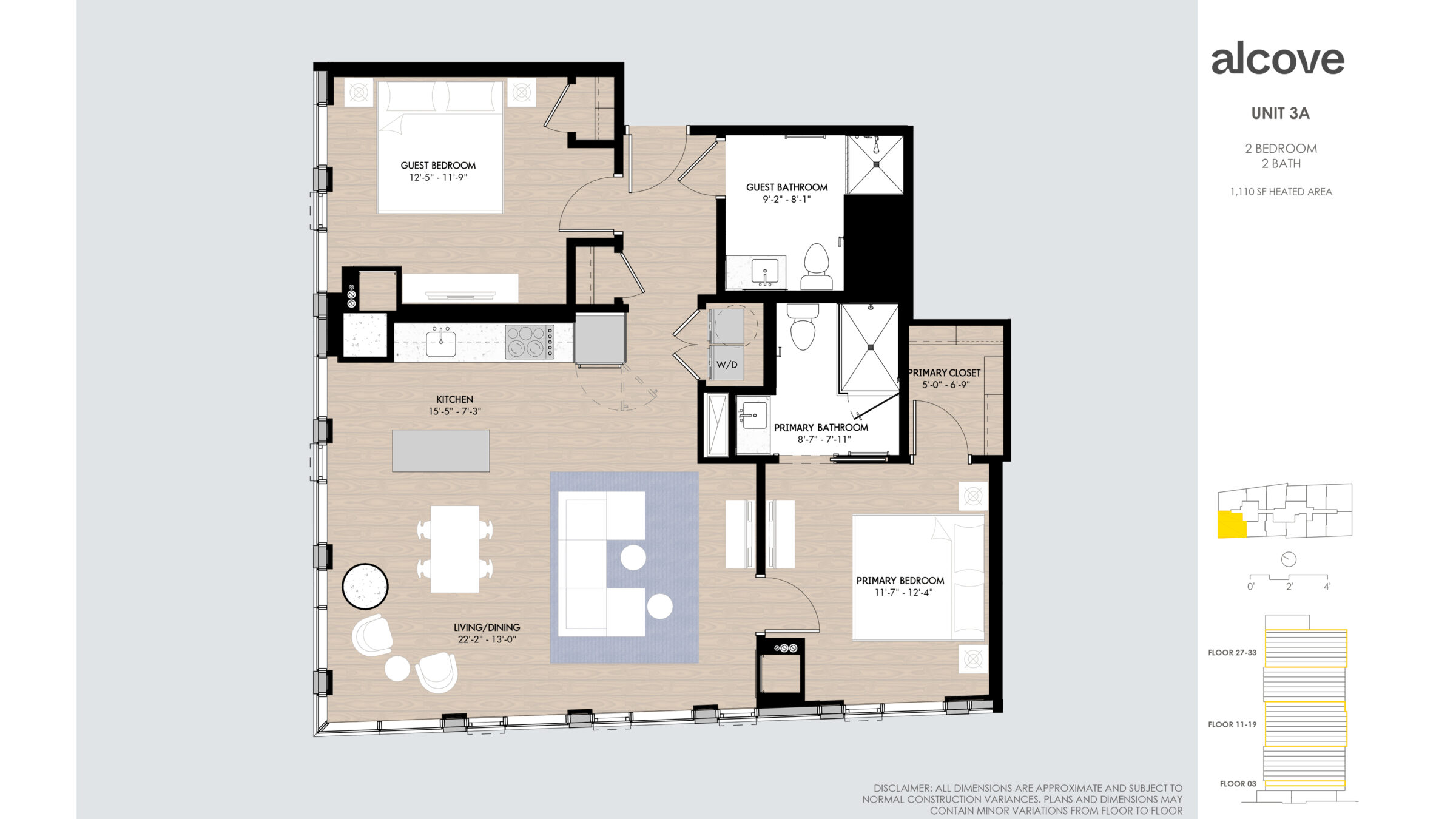 Image reads: UNIT 3A GUEST BATHROOM 2 BEDROOM 2 BATH 1,110 SF HEATED AREA Floors 27-33 Floors 11-19 Floor 03 Disclaimer: all dimensions are approximate and subject to normal construction variances. Plans and dimensions may contain minor variations from floor to floor.