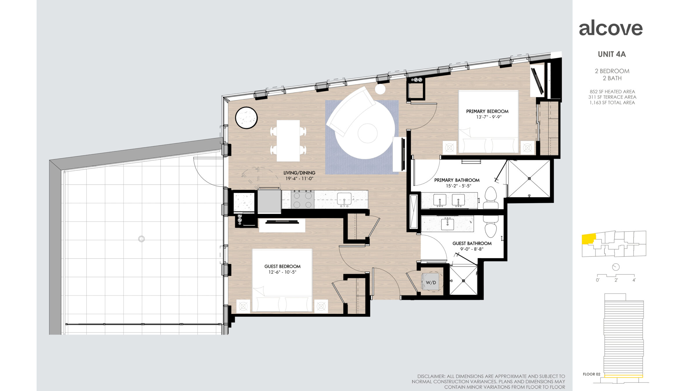 Image Reads: UNIT 4A 2 BEDROOM 2 BATH 852 SF HEATED AREA 311 SF TERRACE AREA 1163 SF TOTAL AREA Floor 02 Disclaimer: all dimensions are approximate and subject to normal construction variances. Plans and dimensions may contain minor variations from floor to floor.