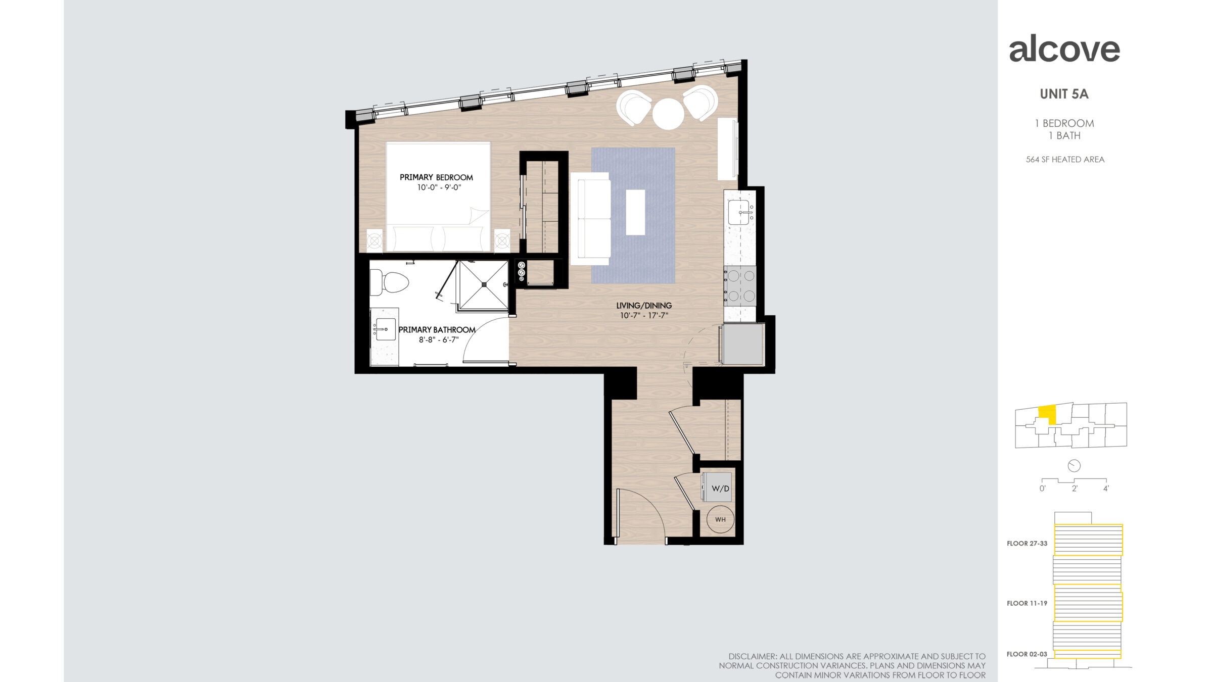 Image reads: UNIT 5A 1 BEDROOM 1 BATH 564 SF HEATED AREA Floor 27-33 Floor 11-19 Floor 02-03 Disclaimer: all dimensions are approximate and subject to normal construction variances. Plans and dimensions may contain minor variations from floor to floor.