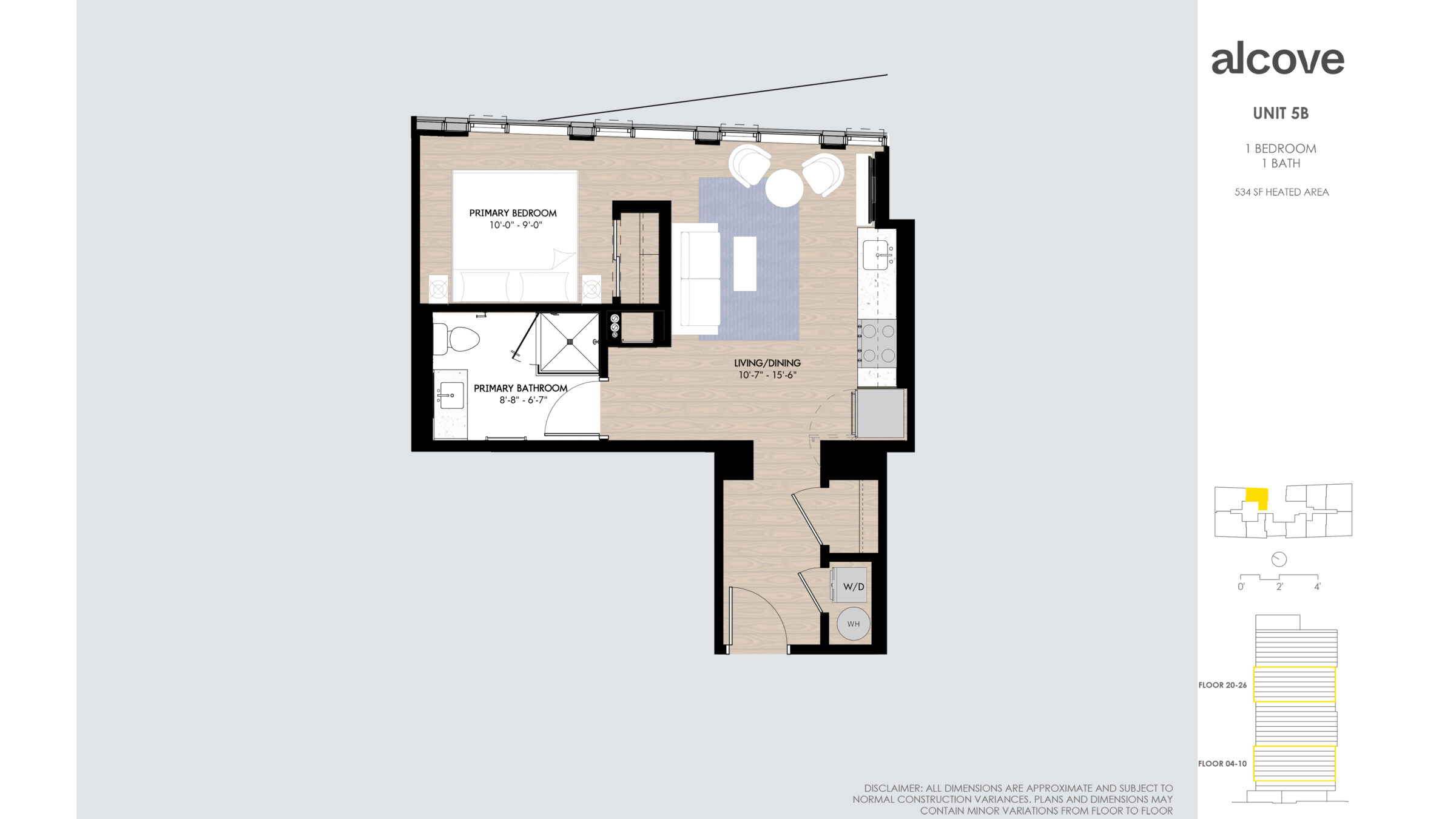 Image reads: UNIT 5B 1 BEDROOM 1 BATH 534 SF HEATED AREA Floor 20-26  Floor 04-10  Disclaimer: all dimensions are approximate and subject to normal construction variances. Plans and dimensions may contain minor variations from floor to floor. 
