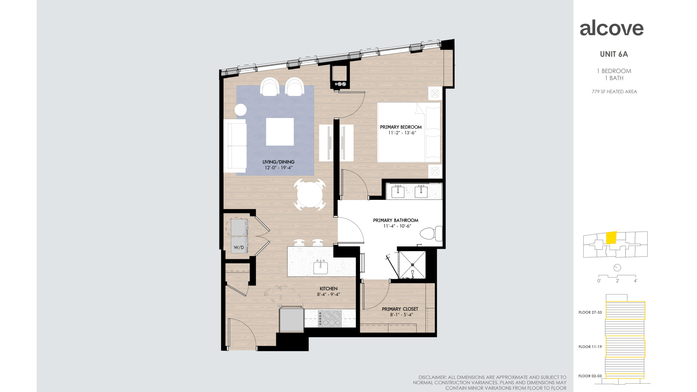 Image reads: UNIT 6A 1 BEDROOM 1 BATH 779 SF HEATED AREA Floor 27-33 Floor 11-19 Floor 02-03   Disclaimer: all dimensions are approximate and subject to normal construction variances. Plans and dimensions may contain minor variations from floor to floor. 