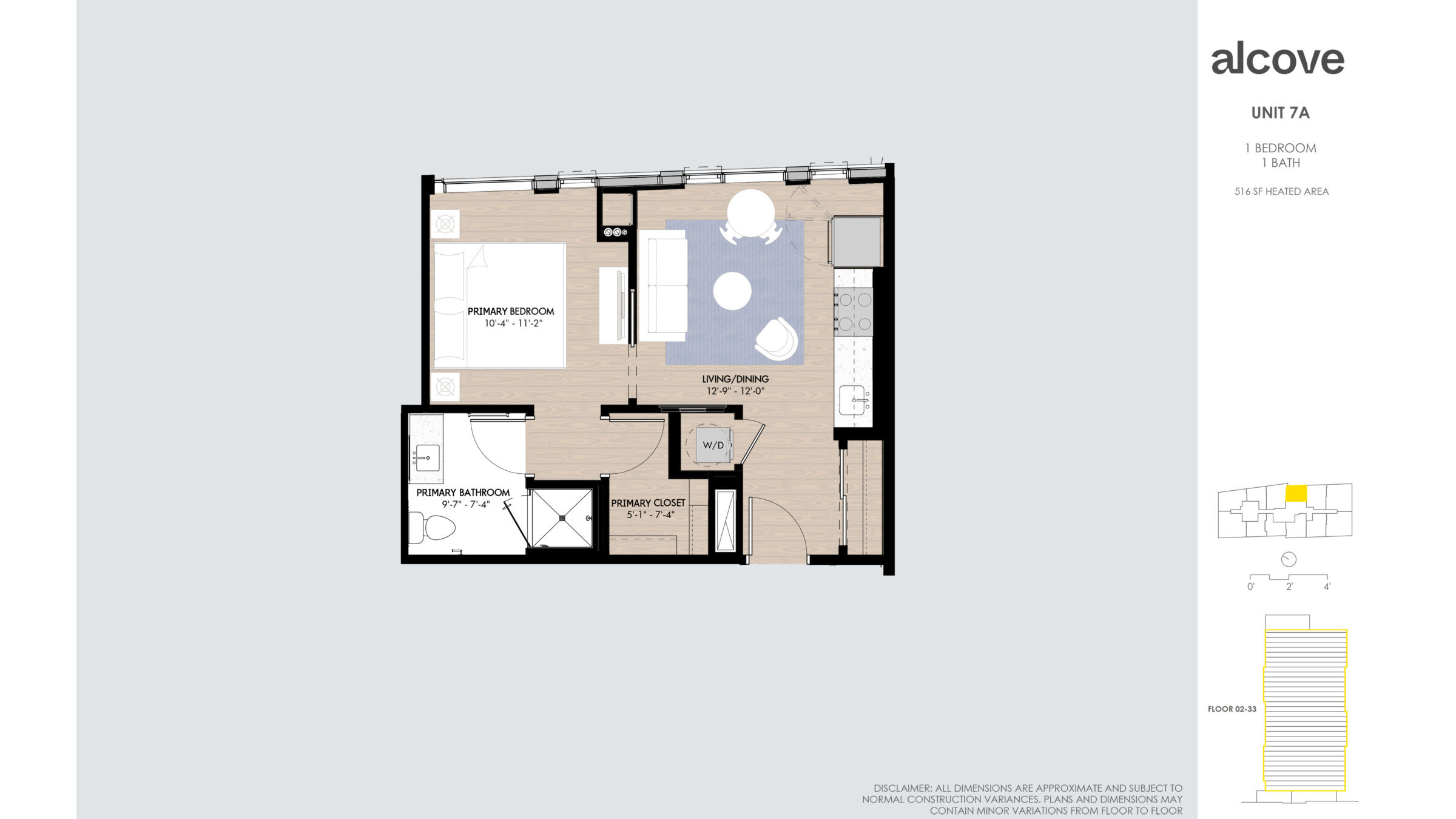 Image reads: UNIT 7A 1 BEDROOM 1 BATH 516 SF HEATED AREA Floor 02-33 Disclaimer: all dimensions are approximate and subject to normal construction variances. Plans and dimensions may contain minor variations from floor to floor.