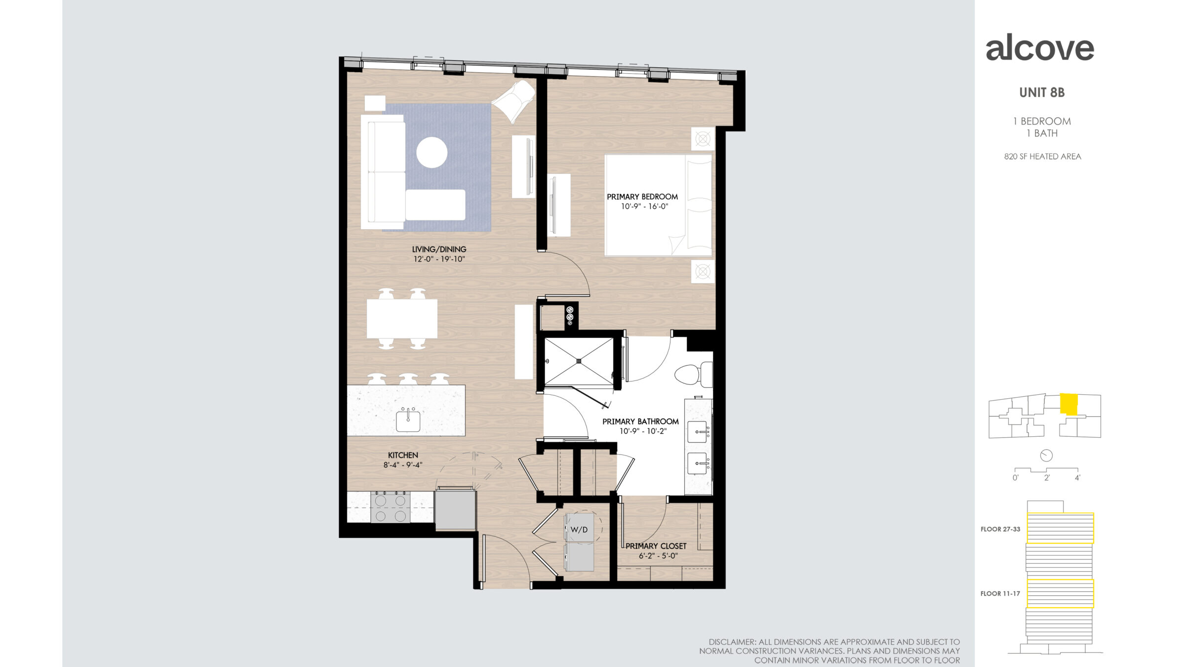Image reads: UNIT 8B 1 BEDROOM 1 BATH 820 SF HEATED AREA Floor 27-33 Floor 11-17 Disclaimer: all dimensions are approximate and subject to normal construction variances. Plans and dimensions may contain minor variations from floor to floor. 