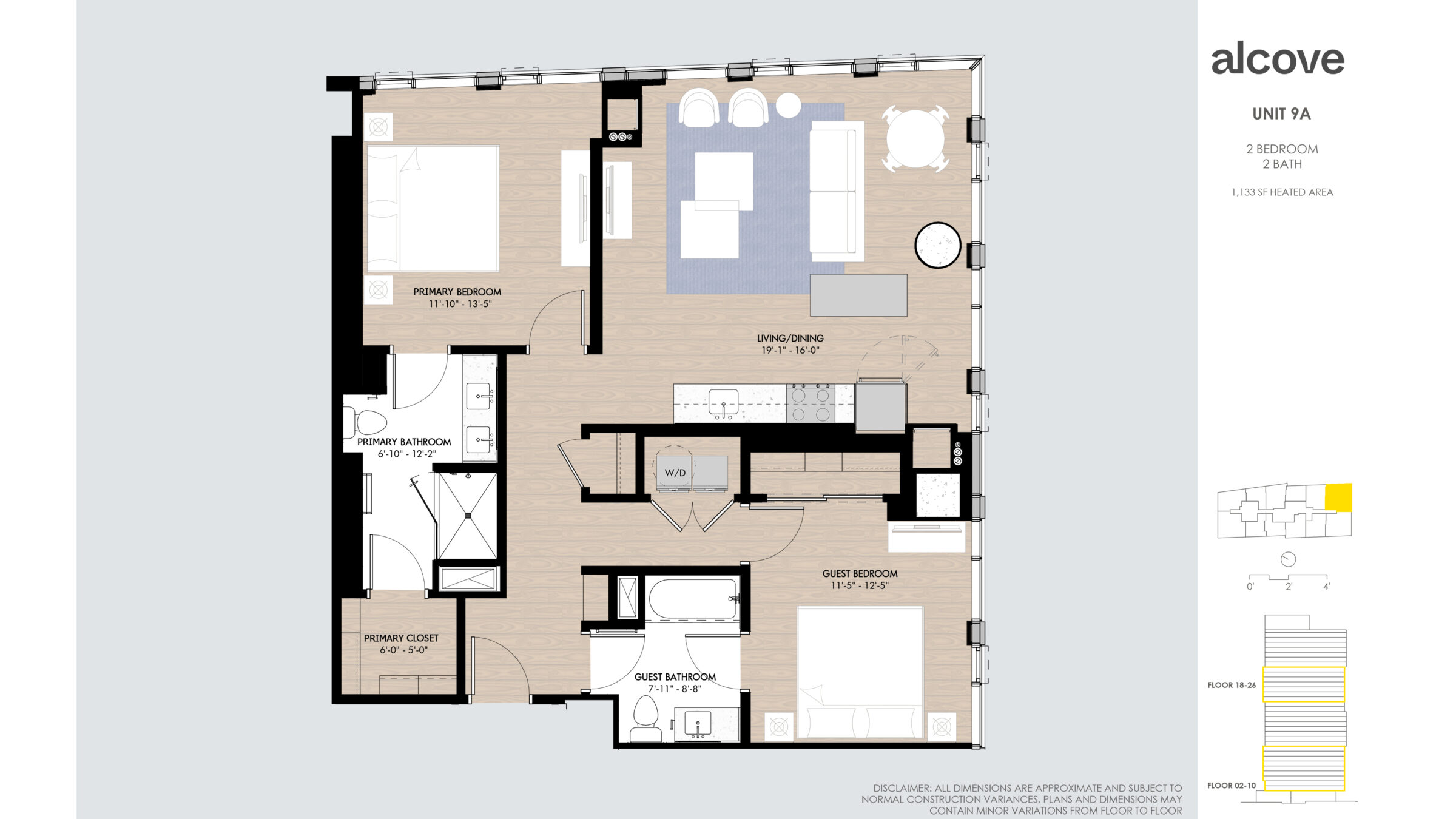 UNIT 9A 2 BEDROOM 2 BATH 1,133 SF HEATED AREA Floor 18-26 Floor 02-10 Disclaimer: all dimensions are approximate and subject to normal construction variances. Plans and dimensions may contain minor variations from floor to floor. 