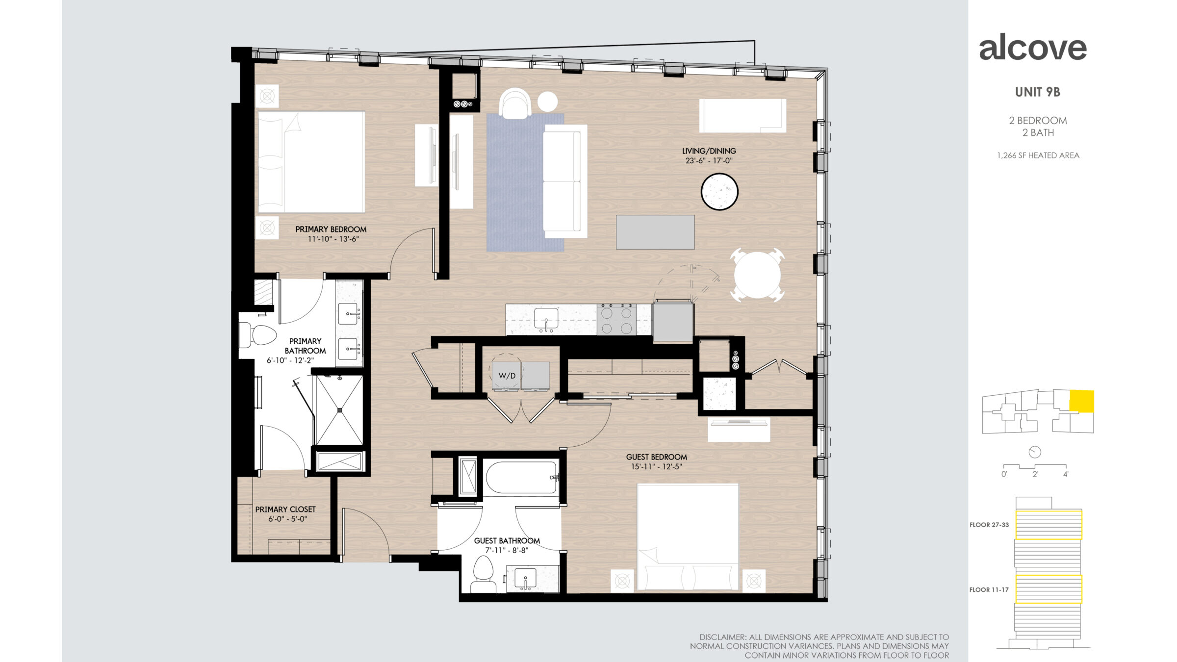 UNIT 9B 2 BEDROOM 2 BATH 1,266 SF HEATED AREA Floor 27-33 Floor 11-17 Disclaimer: all dimensions are approximate and subject to normal construction variances. Plans and dimensions may contain minor variations from floor to floor.