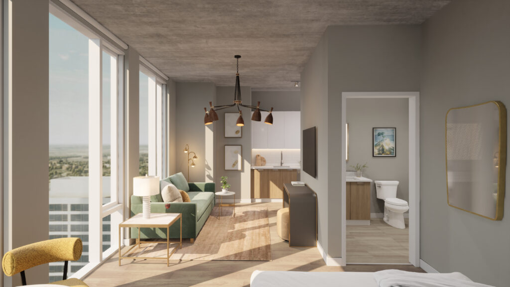rendering of living room in unit 1A