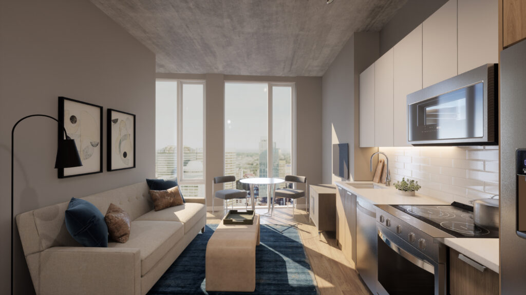 rendering of living room in unit 5A
