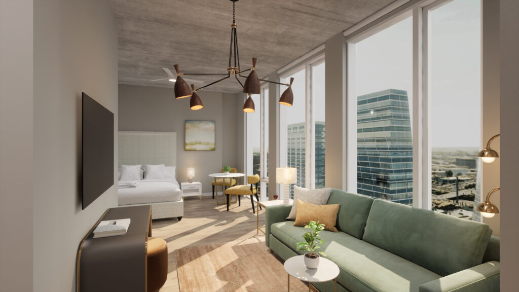 rendering of living room in unit 1A