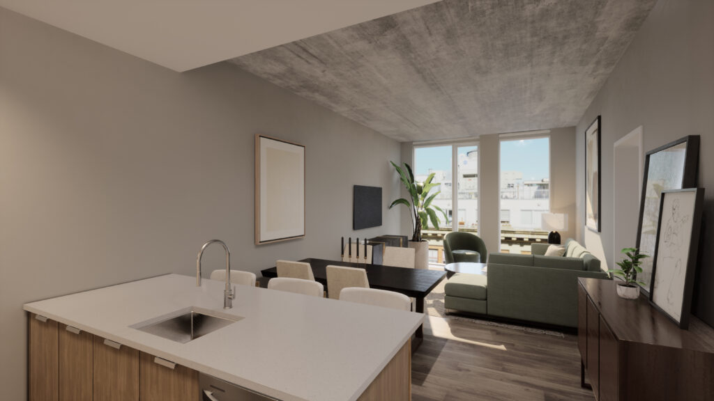rendering of kitchen / living room in 8B