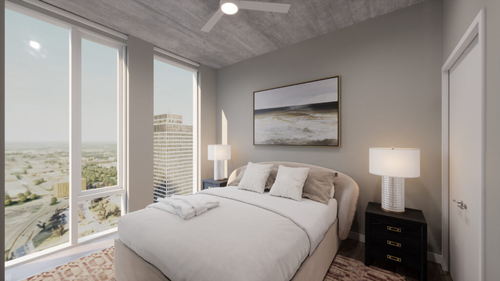 rendering of guest bedroom in unit 3A