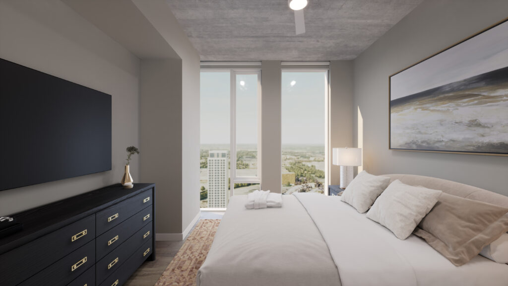 rendering of guest bedroom in unit 3A