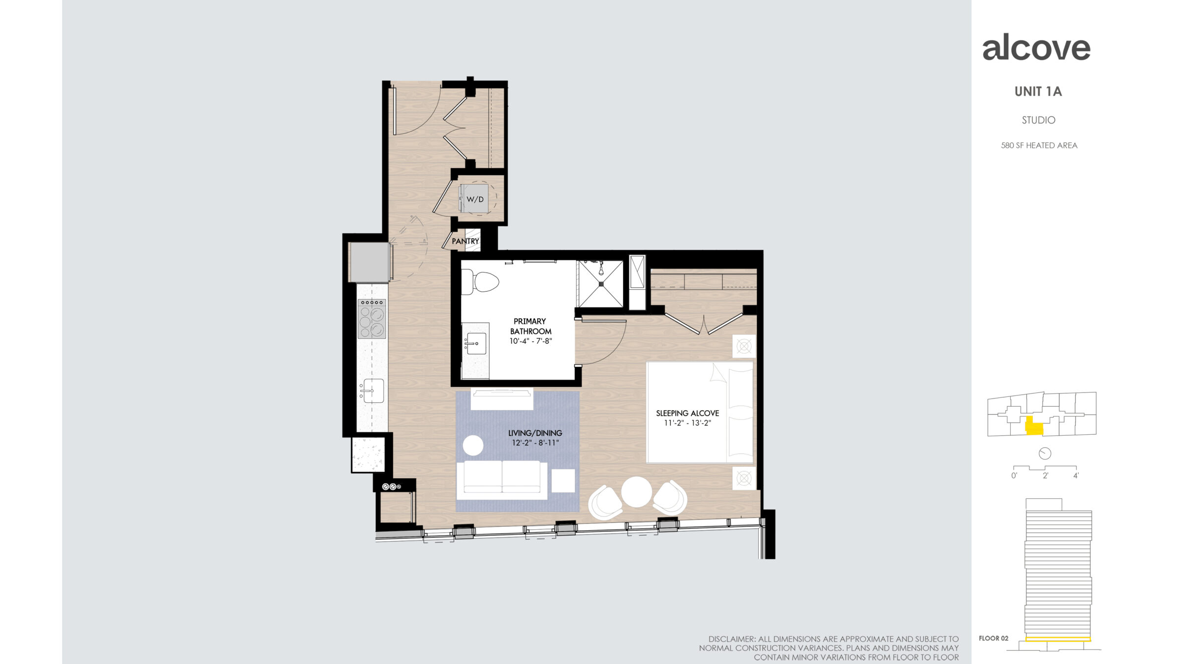 Image reads: UNIT 1A STUDIO 580 SF HEATED AREA. Disclaimer: all dimensions are approximate and subject to normal construction variances. Plans and dimensions may contain minor variations from floor to floor.