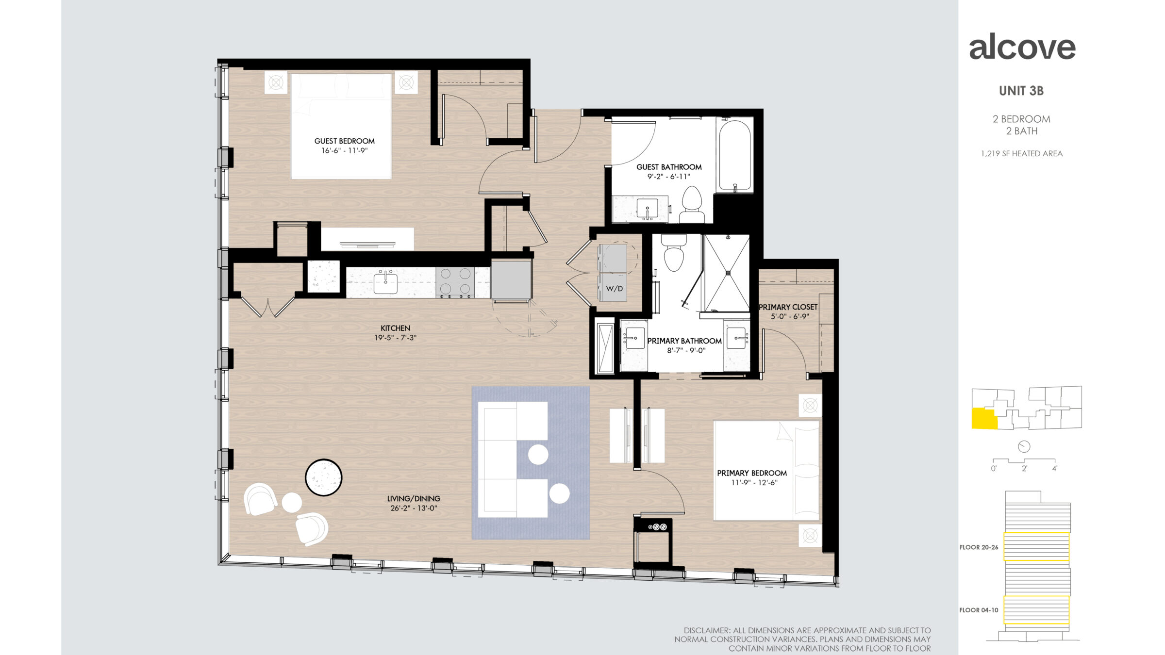 Image reads: UNIT 3B 2 BEDROOM 2 BATH 1219 SF HEATED AREA Floor 20-26 Floor 04-10 Disclaimer: all dimensions are approximate and subject to normal construction variances. Plans and dimensions may contain minor variations from floor to floor.
