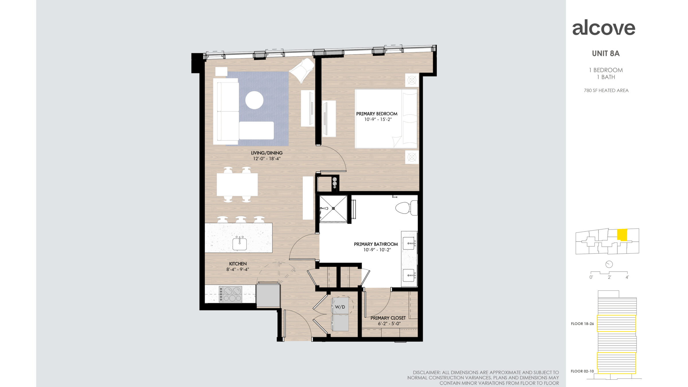 Image reads: UNIT 8A 1 BEDROOM 1 BATH 780 SF HEATED AREA Floors 18-26 Floors 02-10 Disclaimer: all dimensions are approximate and subject to normal construction variances. Plans and dimensions may contain minor variations from floor to floor.